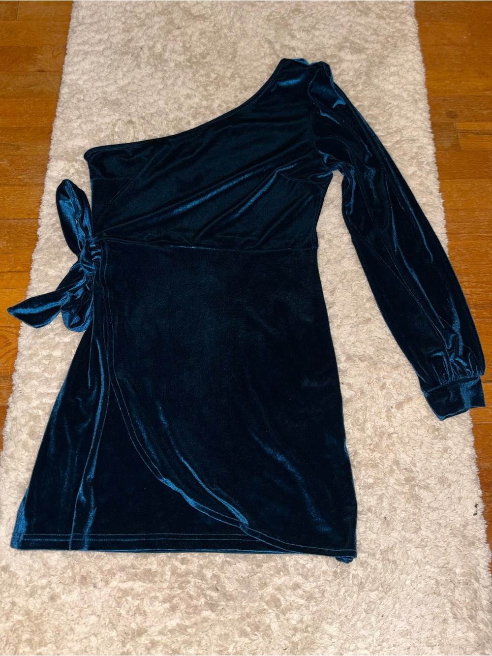 Vestique One-Shoulder/ Sleeve Velvet Dress in Deep Teal Blue with Tie Size S